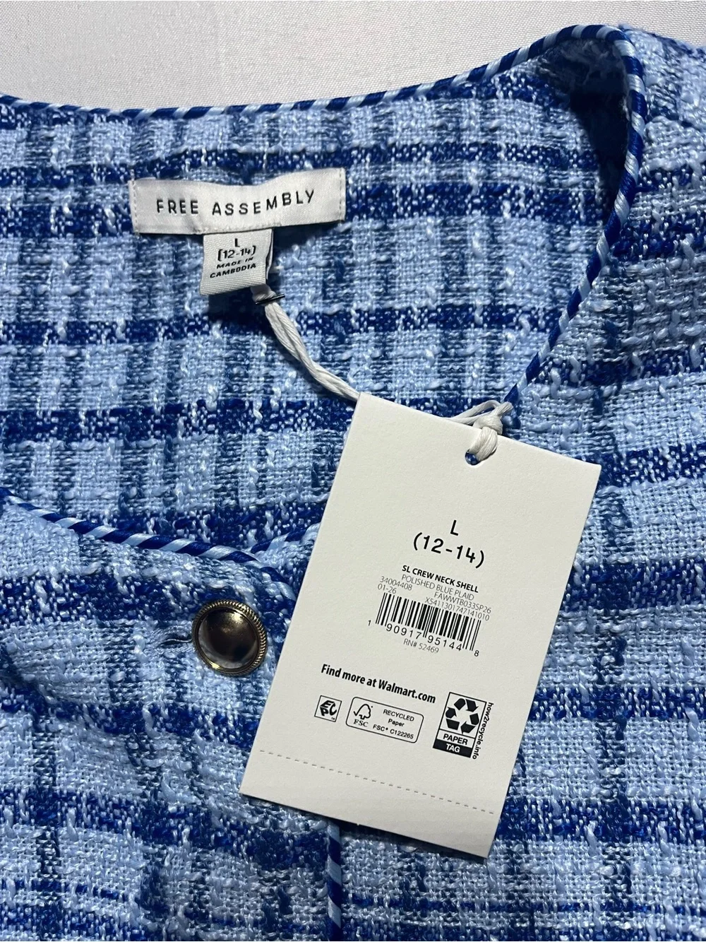 Free Assembly Women’s Large Blue Plaid Tweed Button Front Sleeveless Vest